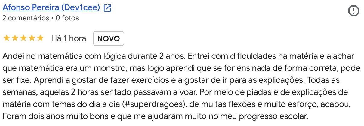 Avaliacao Google 5 estrelas de Afonso Pereira: dois anos de explicacoes de matematica divertidas e eficazes.